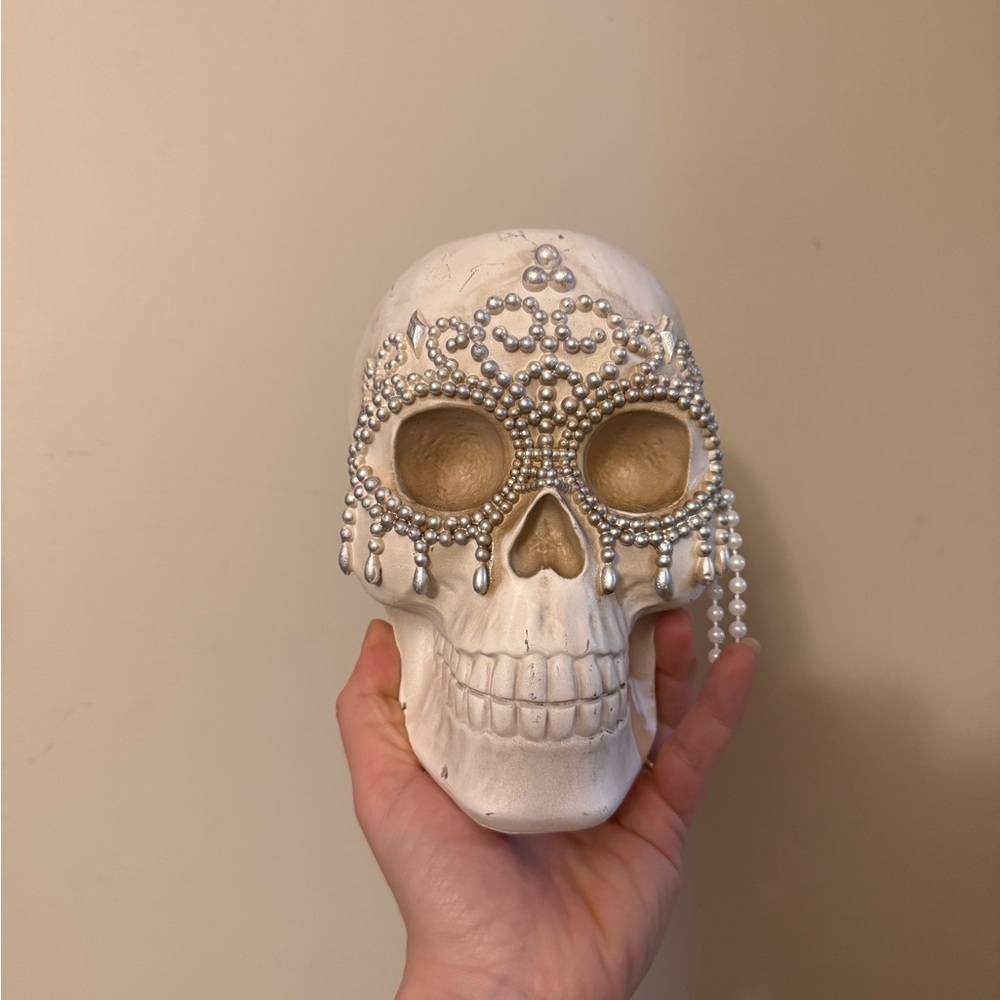 Embellished Decorative Skull Accent - White with Silver Beading NEW